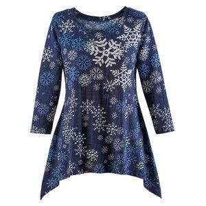New XXL Navy Sparkling Sequin Snowflakes Christmas Holiday SharkBite Knit Tunic